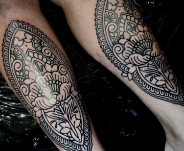 Shin tattoos by Simon at broken puppet tattoo shop