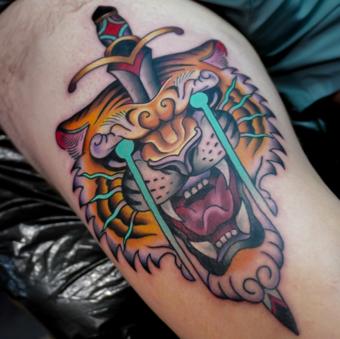 Neo traditional tiger tattoo by Rick in Worthing uk