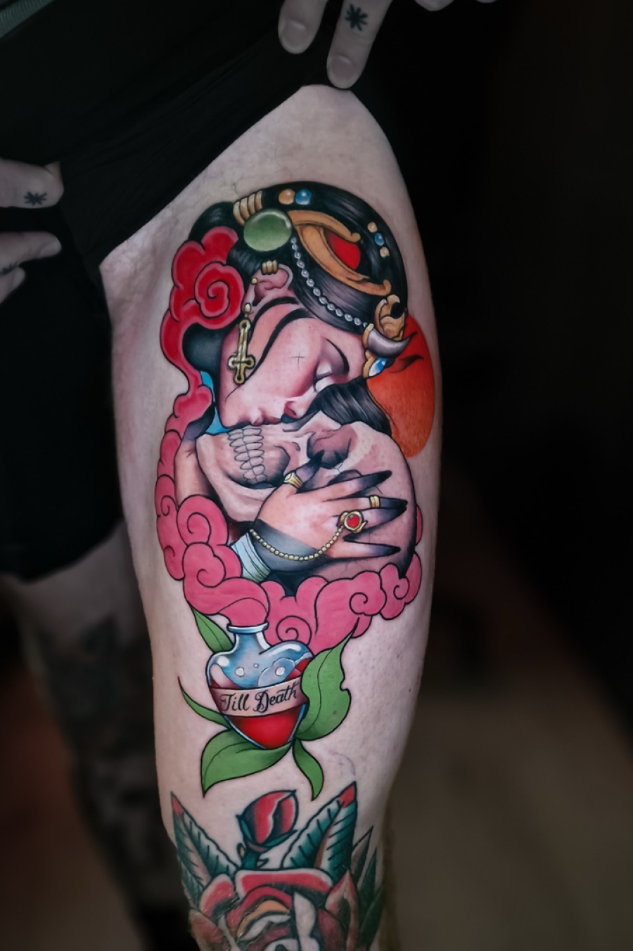A Neo traditional thigh tattoo by Rick at broken puppet tattoo in Worthing uk
