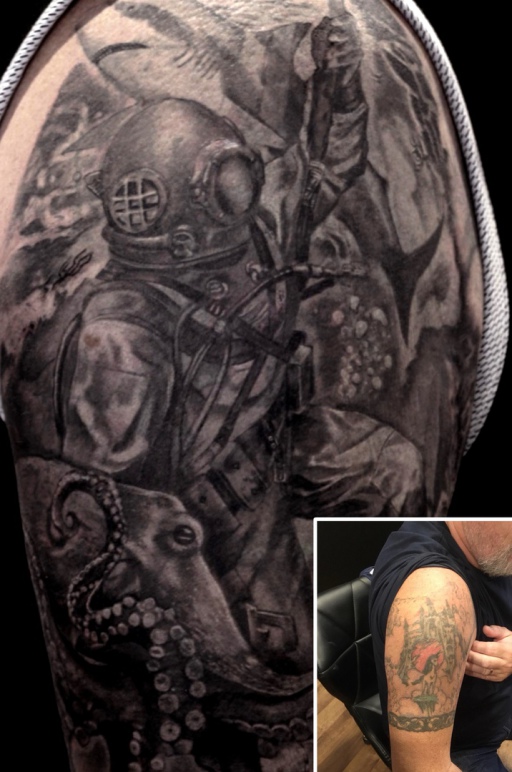 Cover up tattoo by Rick at broken puppet tattoo in Worthing