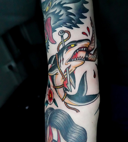 Traditional shark tattoo by Rick at broken puppet tattoo studio