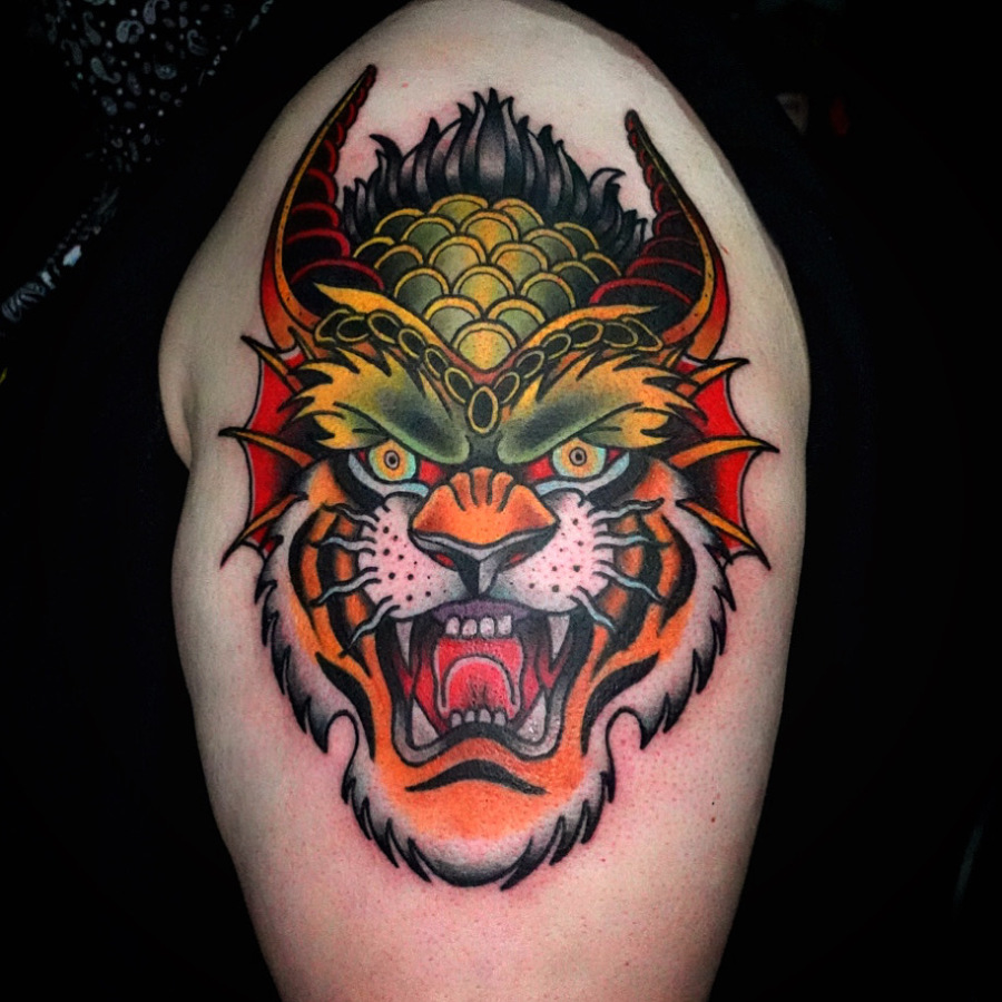 Traditional tiger demon tattoo Worthing west sussex