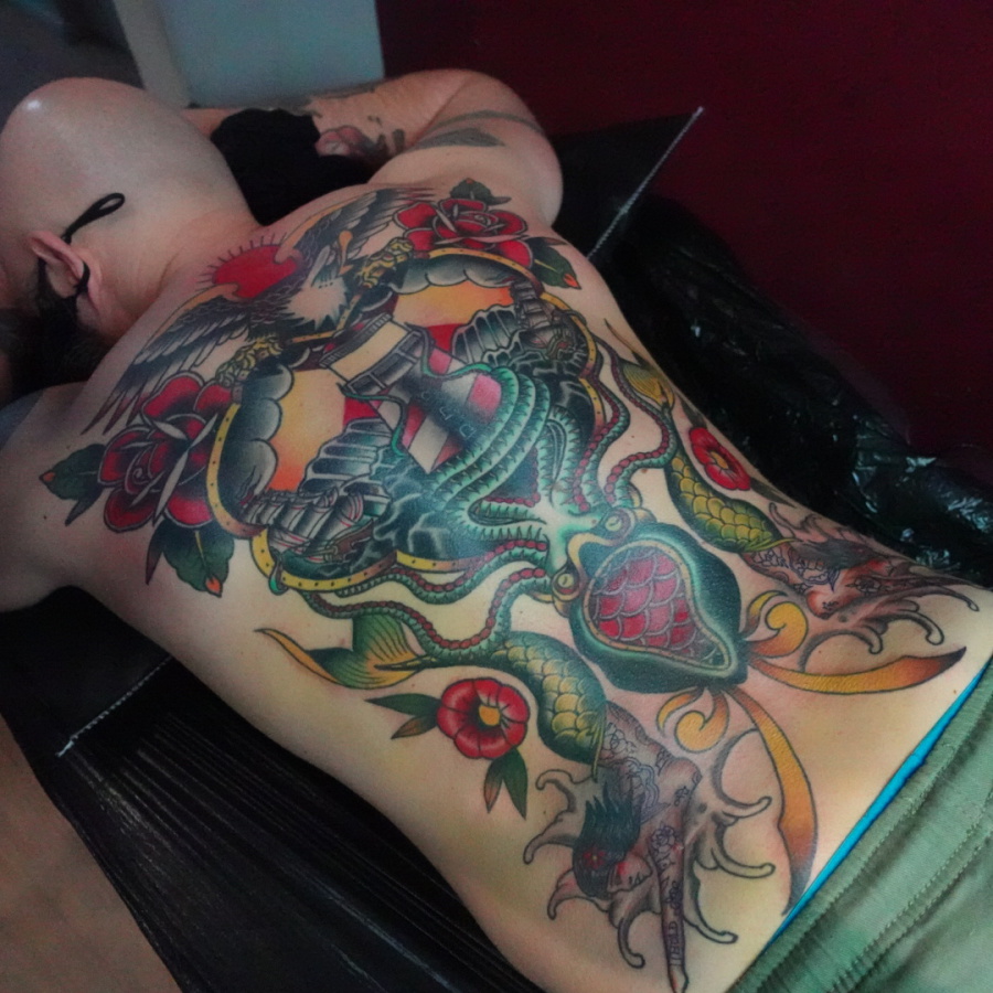 Traditional sailor back tattoo done in Worthing uk