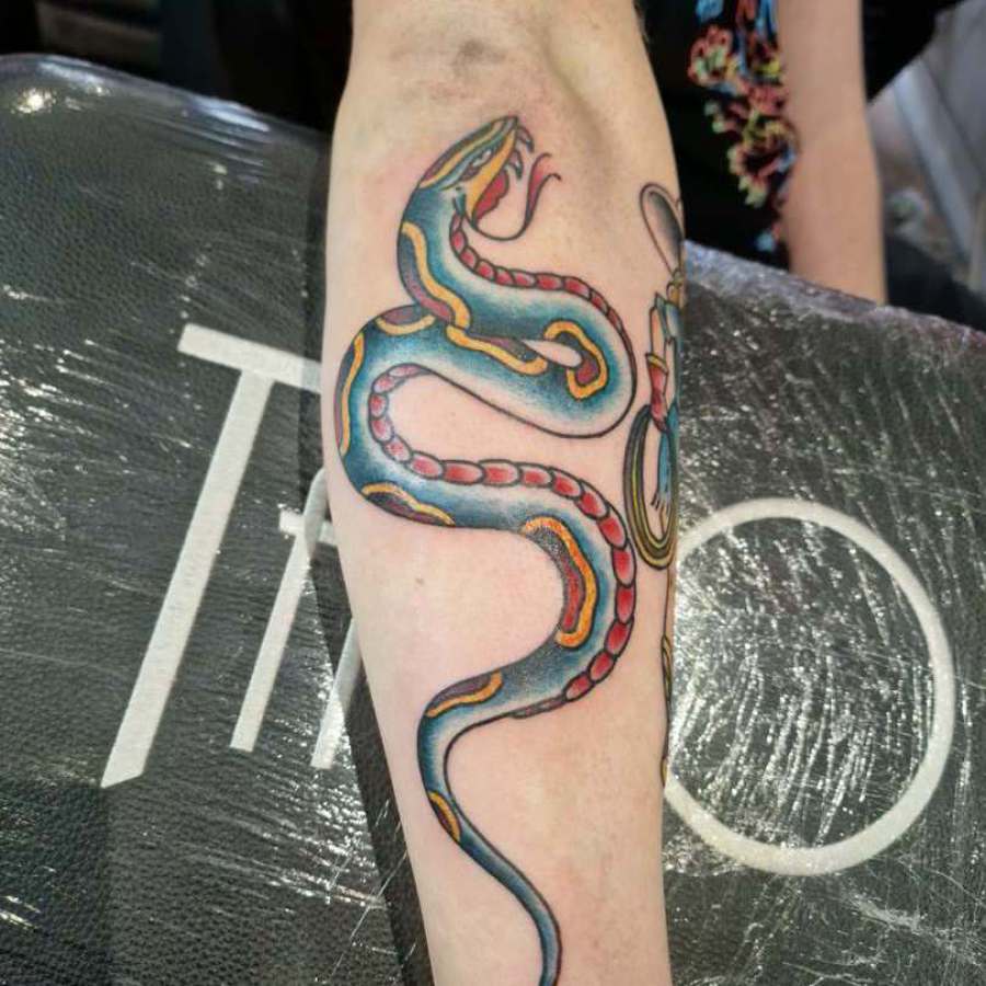 Traditional snake tattoo done at broken puppet tttoo Worthing uk