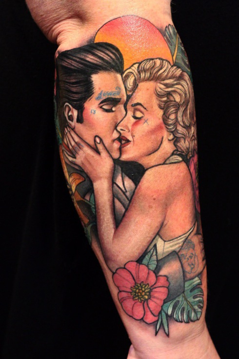 Neo traditional kissing couple tattoo Worthing uk