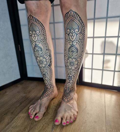 Ornamental mandala tattoos shins female at broken puppet tattoo Worthing