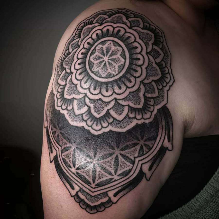 Mandala shoulder tattoo done in Worthing uk