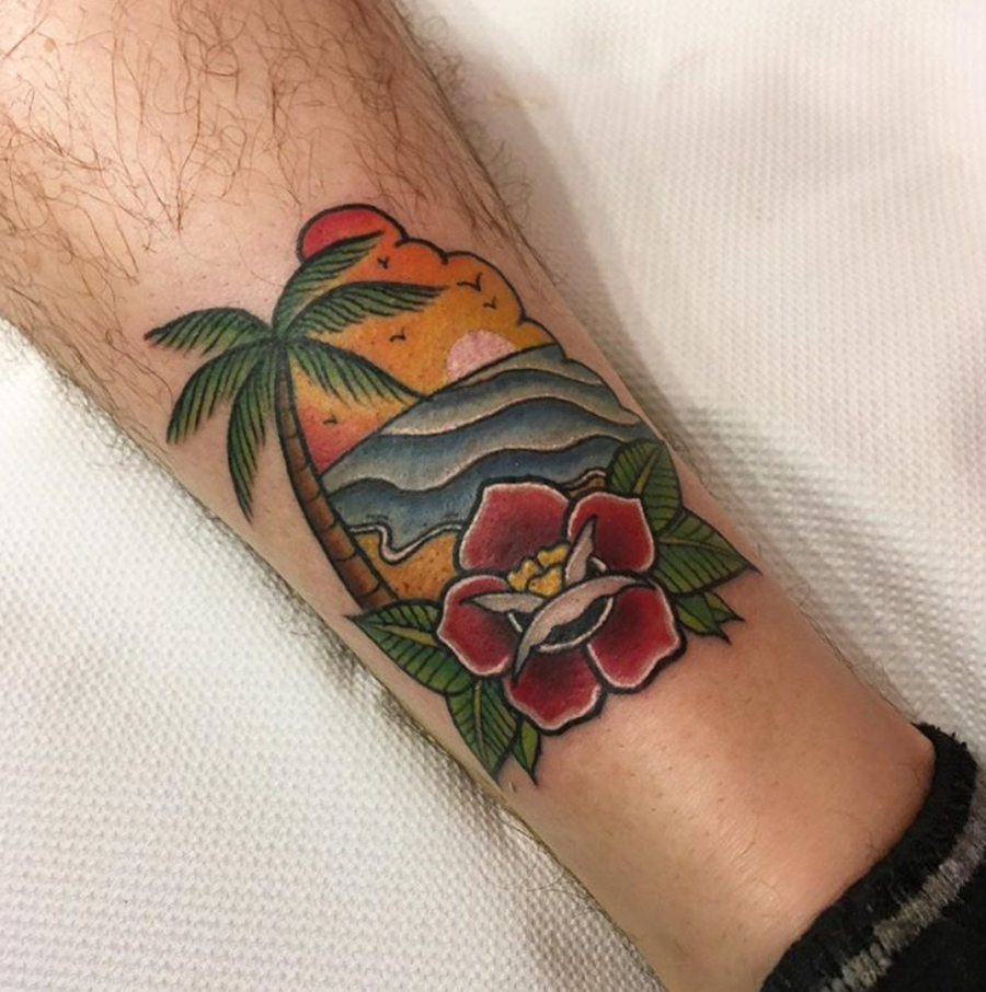 Traditional sunset palm tree tattoo Worthing uk